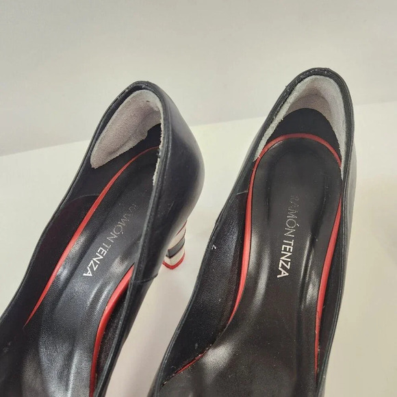 Ramon Tenza Galia Open Toe Black Heels Women 7M Striped Spain with Box Shoe Bag - Picture 3 of 13